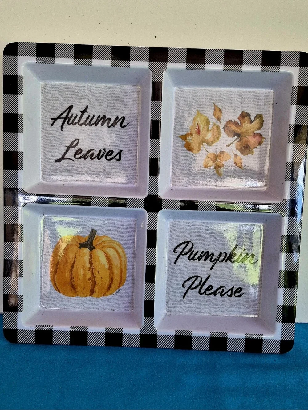 Autumn Leaves Pumpkin Please Melamine Fall Tray 4 Compartments Black White Check